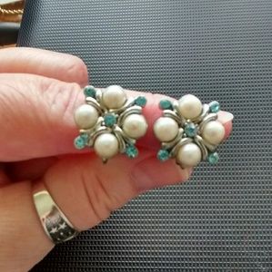 Silver Tone w/Faux Pearls & Blue Crystals Earrings